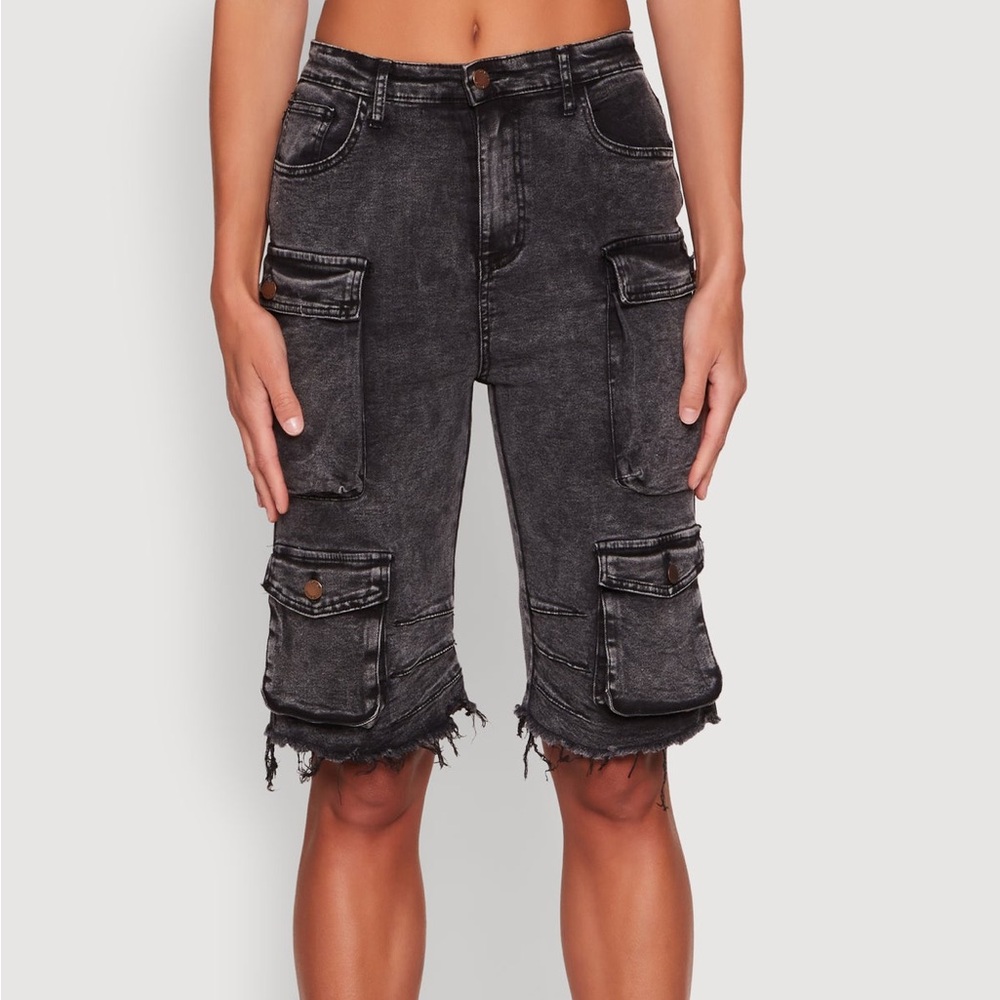 Daisy Black Cargo Shorts with Distressed Design